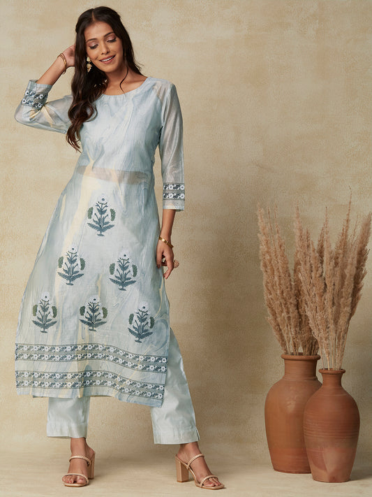 Abstract & Floral Printed Kurta with Inner & Pants - Light Blue