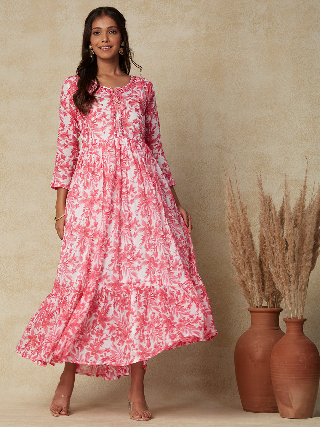 Floral Foil Printed Mirror, Stones & resham Embroidered Gathered Maxi Dress - Pink & White