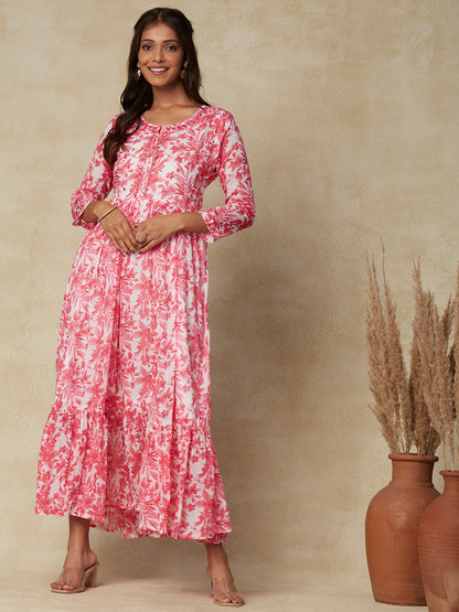 Floral Foil Printed Mirror, Stones & resham Embroidered Gathered Maxi Dress - Pink & White