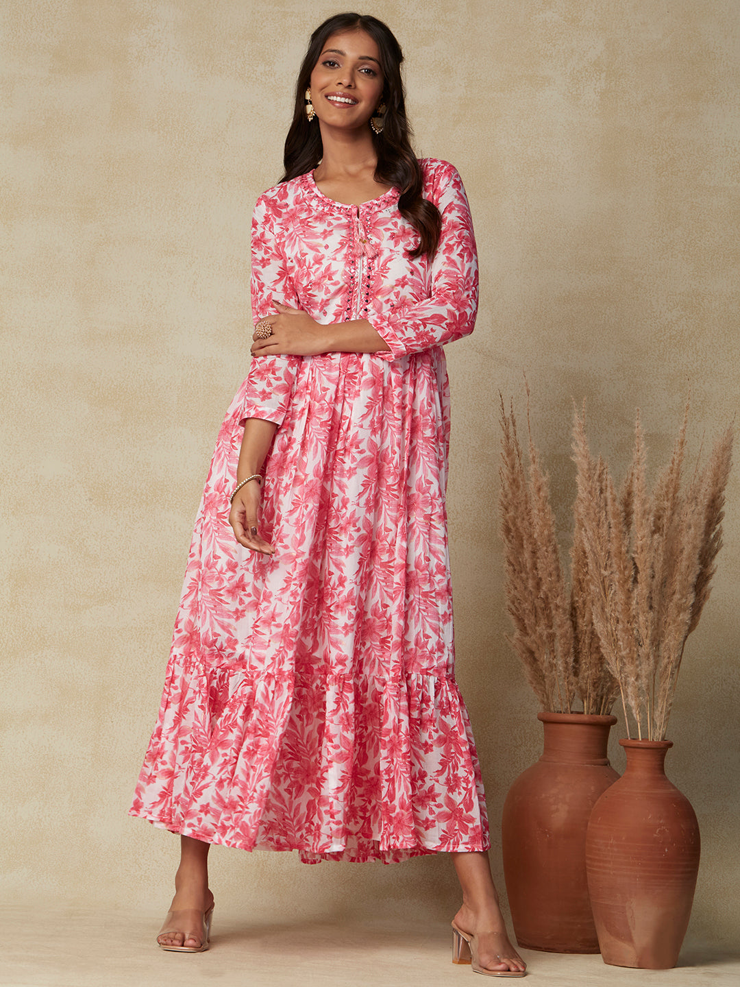 Floral Foil Printed Mirror, Stones & resham Embroidered Gathered Maxi Dress - Pink & White