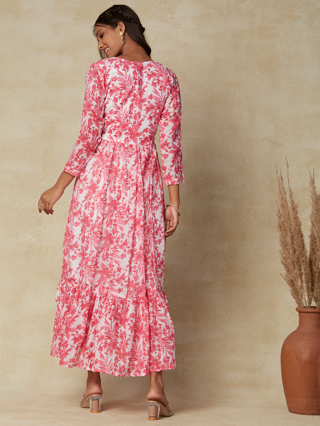 Floral Foil Printed Mirror, Stones & resham Embroidered Gathered Maxi Dress - Pink & White