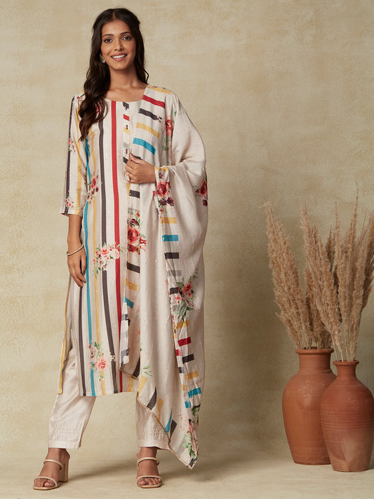 Stripes & Floral Printed Woven Sequined Beads Ornamented Kurta with Pants & Dupatta - Off White