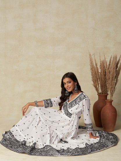 Solid Mirror & Resham Embroidered Tiered Mul-Cotton Maxi Dress With Mirror Work Dupatta - White