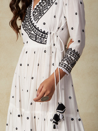 Solid Mirror & Resham Embroidered Tiered Mul-Cotton Maxi Dress With Mirror Work Dupatta - White