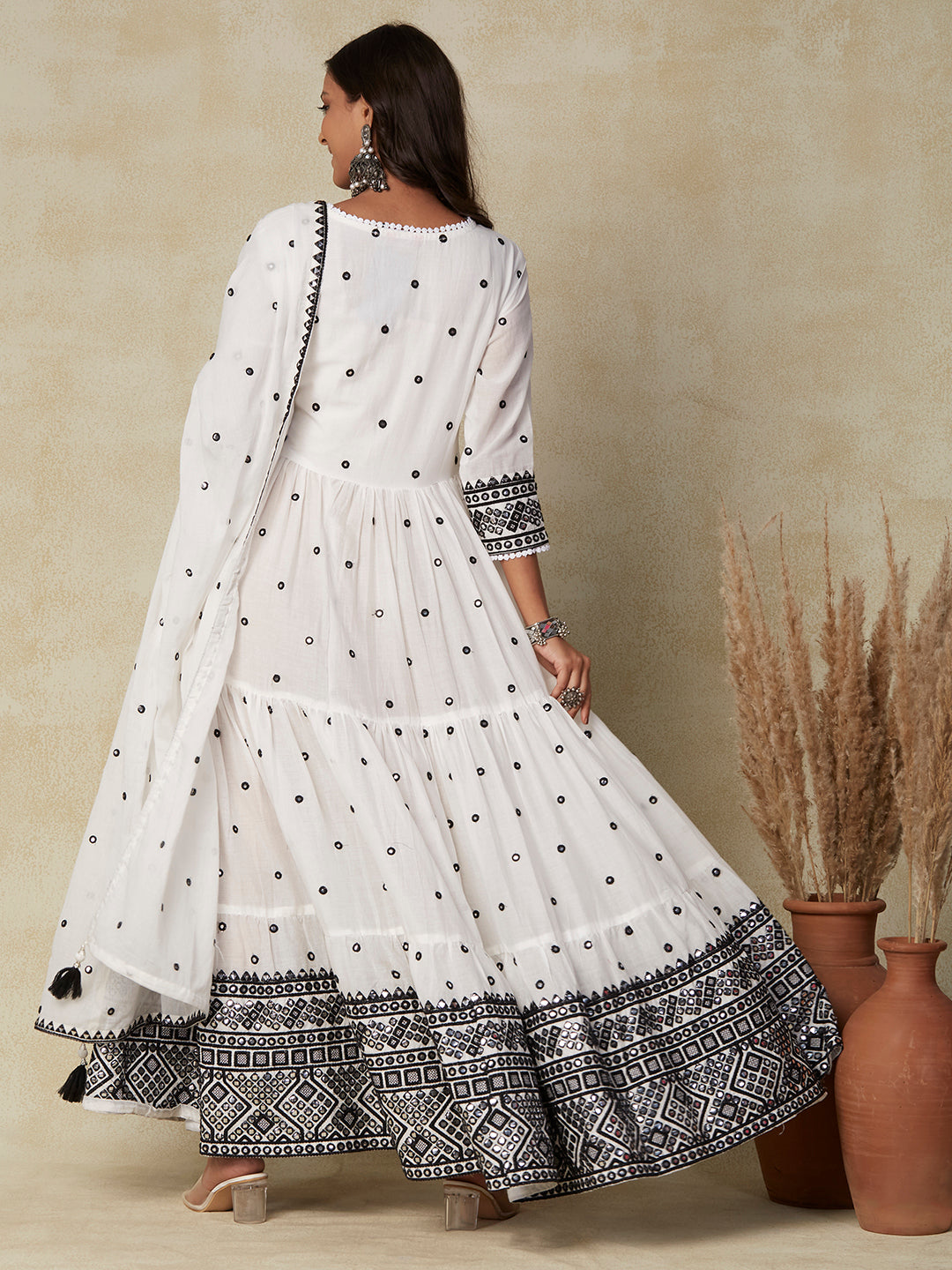 Solid Mirror & Resham Embroidered Tiered Mul-Cotton Maxi Dress With Mirror Work Dupatta - White