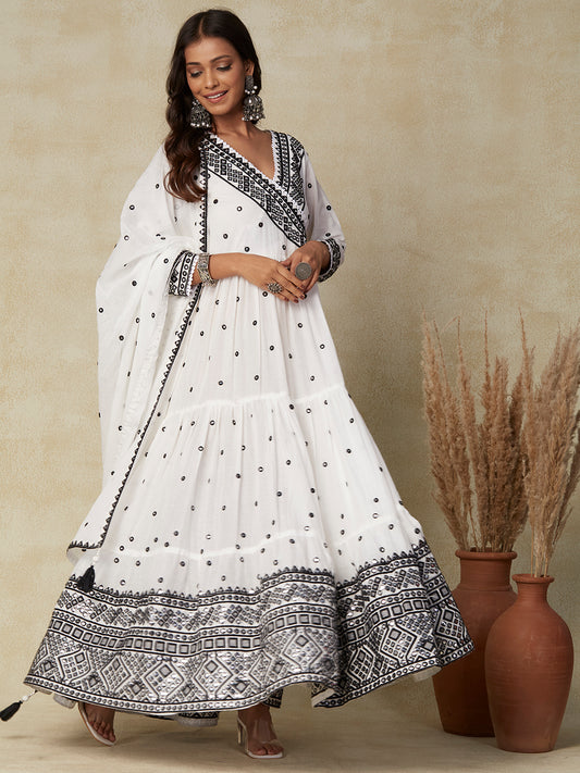 Solid Mirror & Resham Embroidered Tiered Mul-Cotton Maxi Dress With Mirror Work Dupatta - White