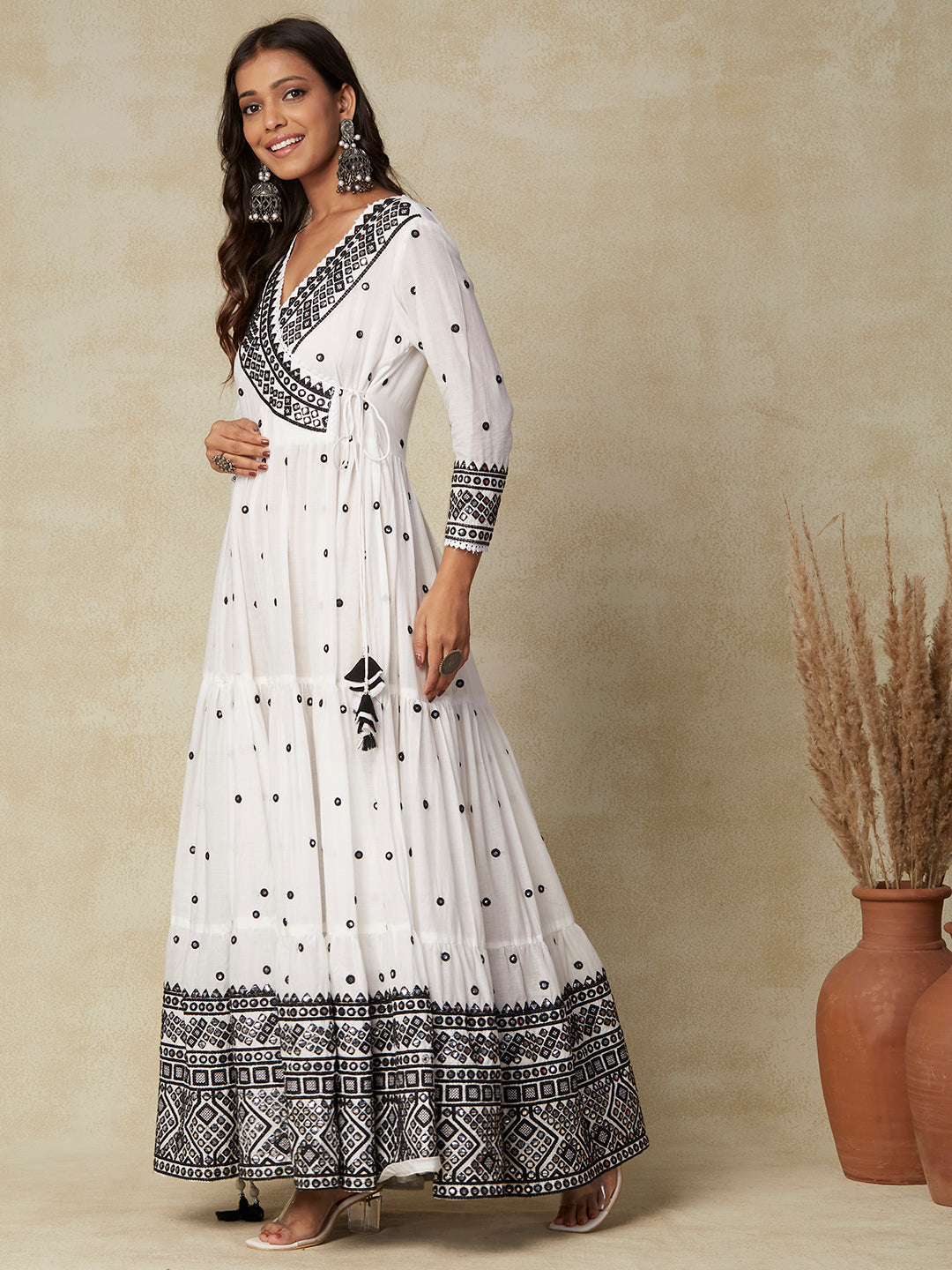 Solid Mirror & Resham Embroidered Tiered Mul-Cotton Maxi Dress With Mirror Work Dupatta - White