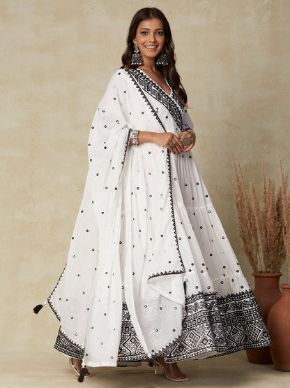 Solid Mirror & Resham Embroidered Tiered Mul-Cotton Maxi Dress With Mirror Work Dupatta - White