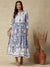Abstract Foil Printed Resham Embroidered Mul-Cotton Maxi Dress - Blue