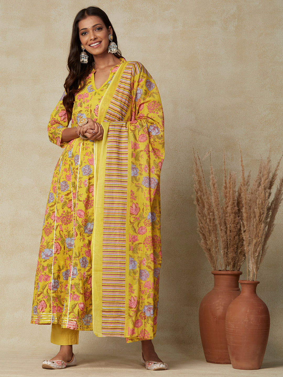 Floral Printed Mirror & Zari Embroidered Anarkali Kurta with Pants & Floral Dupatta - Yellow