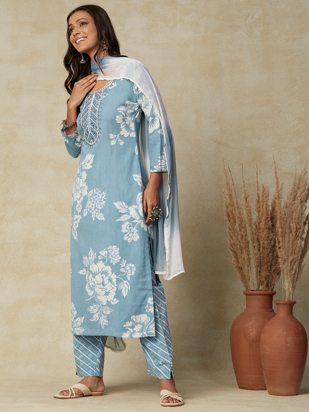 Floral Printed & Hand Embroidered Straight Kurta with Pant & Dupatta - Powder Blue