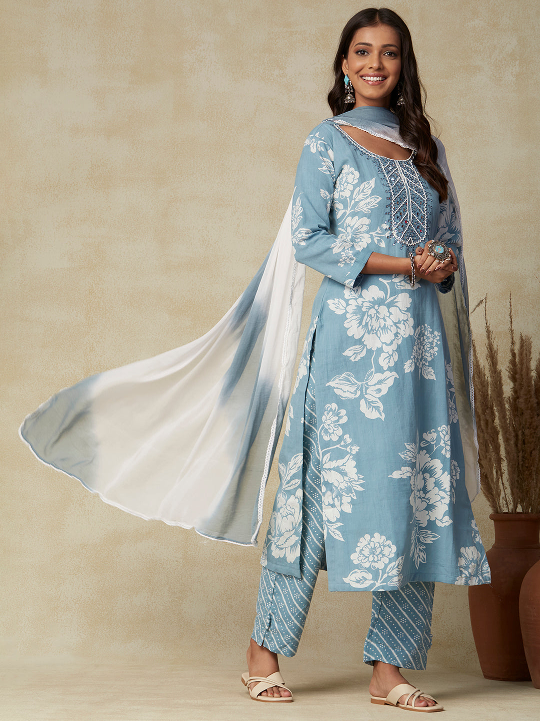 Floral Printed & Hand Embroidered Straight Kurta with Pant & Dupatta - Powder Blue