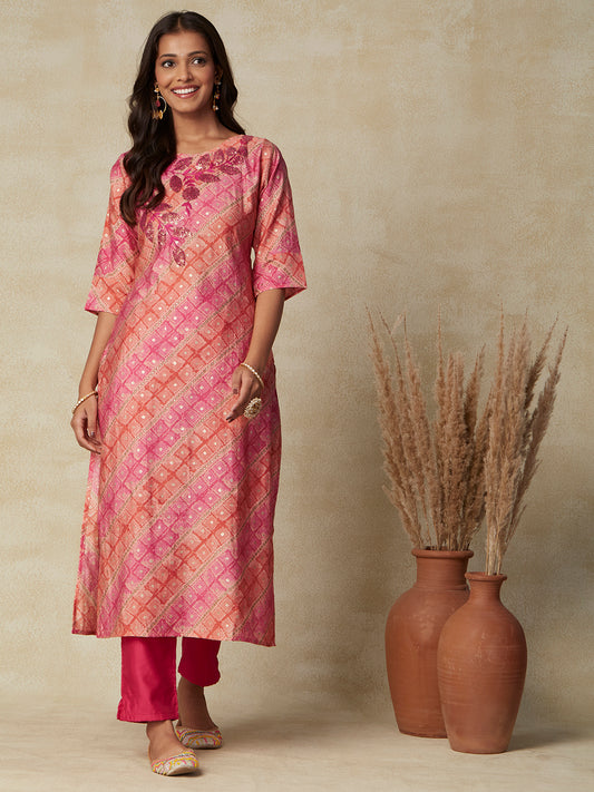 Ethnic Printed & Hand Embroidered Straight Fit Kurta - Multi