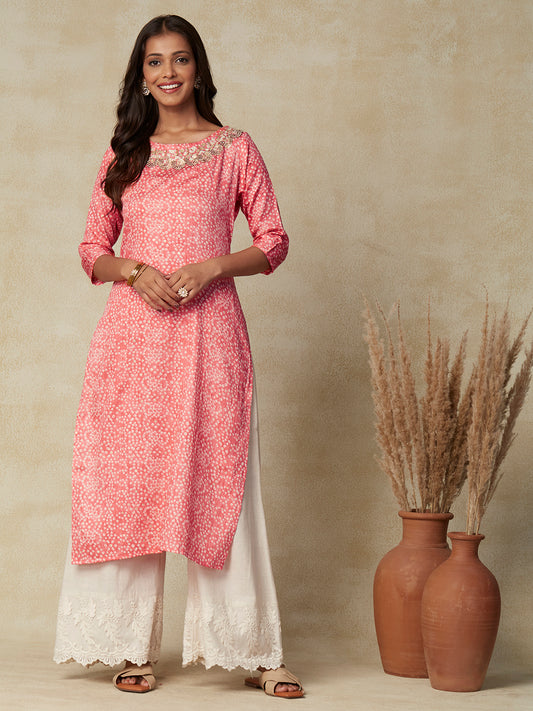 Bandhani Printed & Hand Embroidered Straight Fit Kurta - Pink