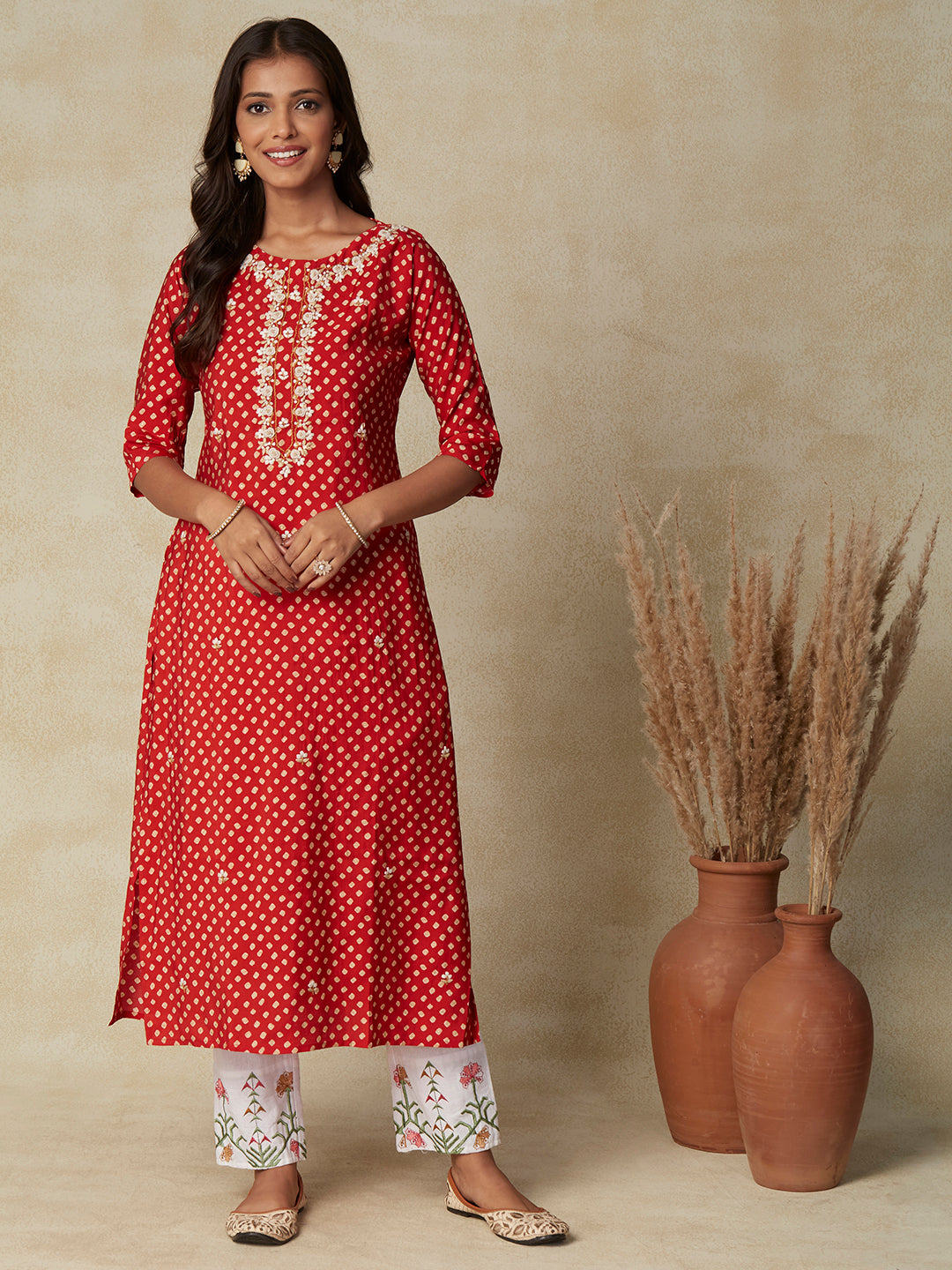 Bandhani Printed & Hand Embroidered Straight Fit Kurta - Red