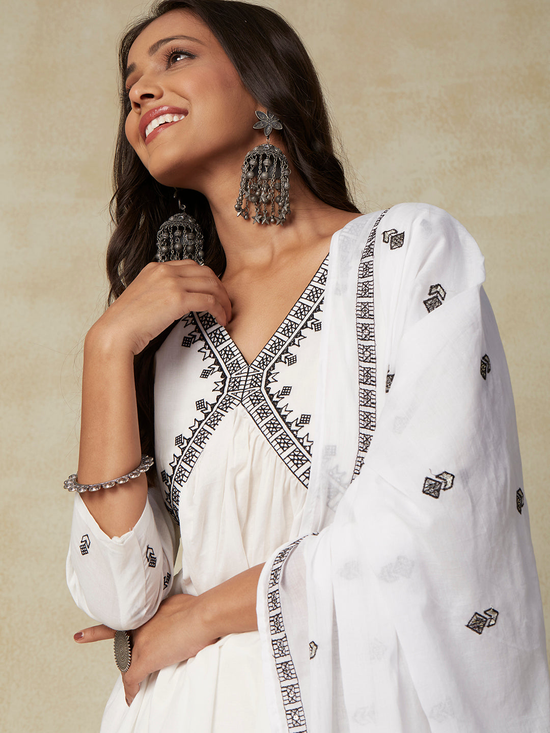 Solid Mirror & Resham Embroidered Flared Short Kurta with Sharara & Dupatta - White