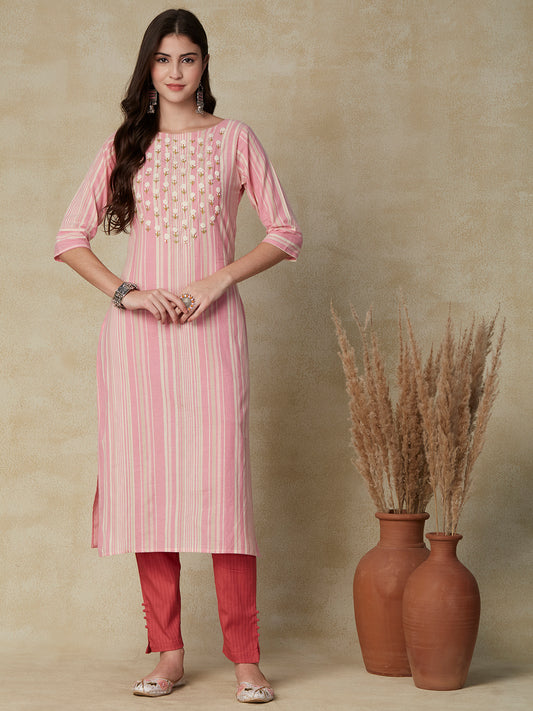 Stripes Printed & Floral Hand Embroidered Straight Fit Kurta - Pink
