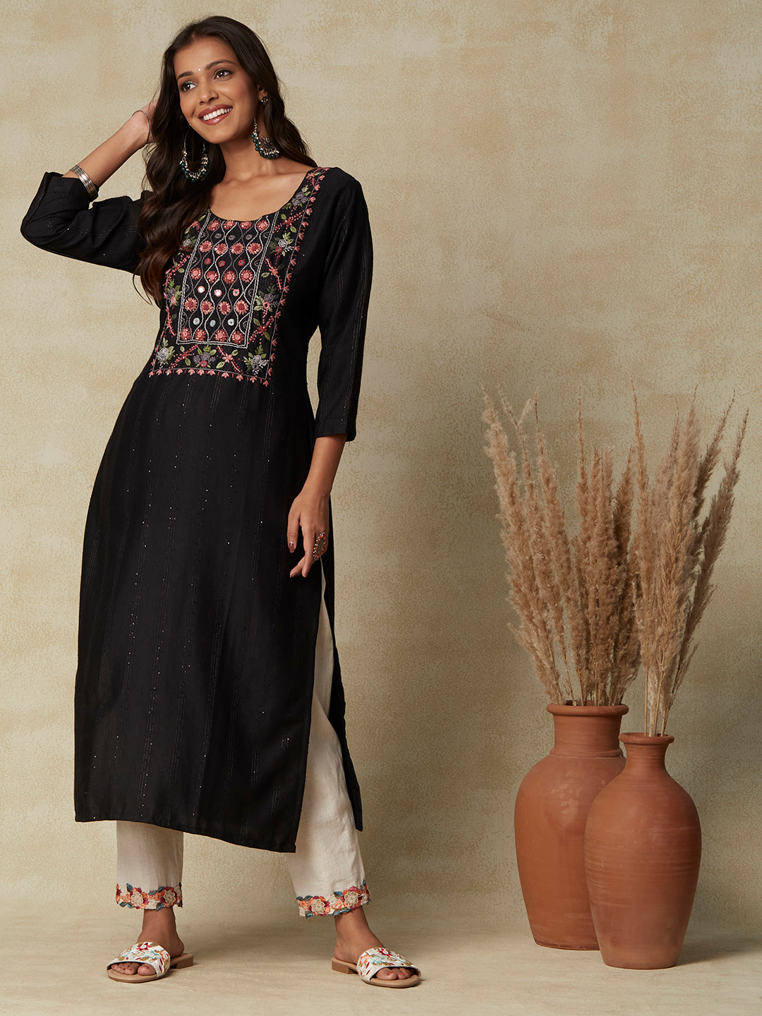 Woven Sequined Striped Mirror & Resham Embroidered Kurta - Black