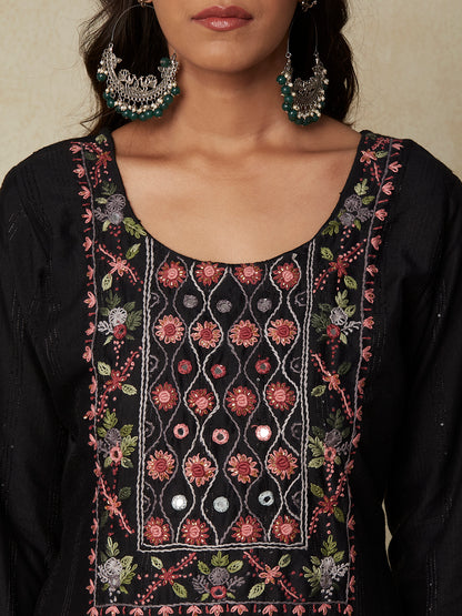 Woven Sequined Striped Mirror & Resham Embroidered Kurta - Black