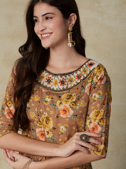 Floral Printed & Mirror Hand Embroidered Straight Fit Kurta - Brown