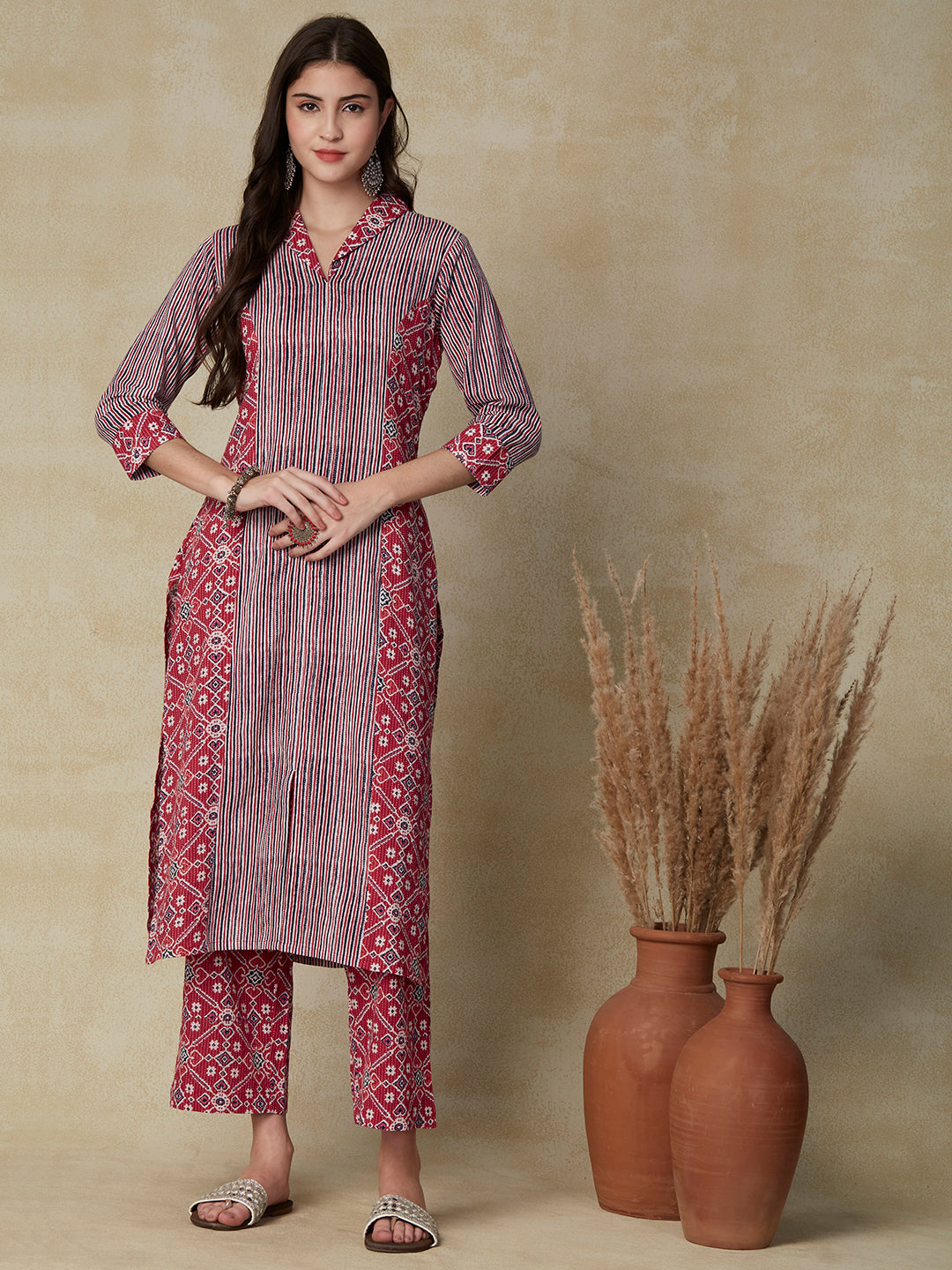 Ethnic & Stripes Printed Straight Fit Paneled Kurta with Palazzo - Red