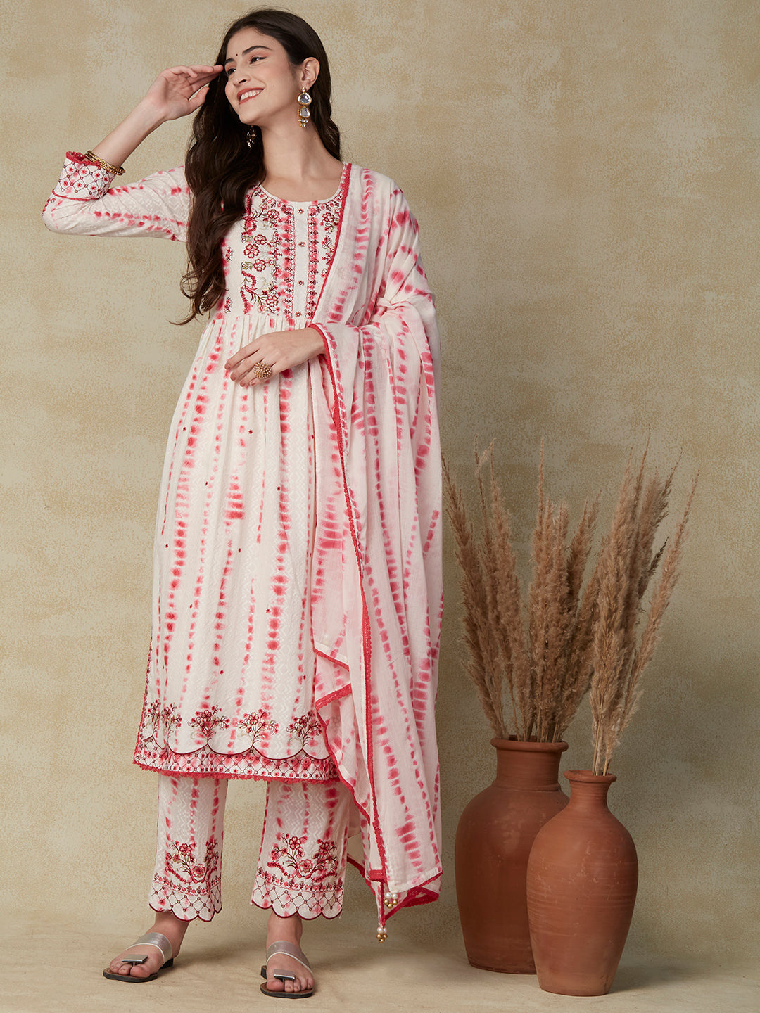 Abstract Printed Resham Embroidered Woven Dobby Design Gathered Kurta with Pants & Dupatta - White & Pink