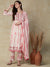 Abstract Printed Resham Embroidered Woven Dobby Design Gathered Kurta with Pants & Dupatta - White & Pink