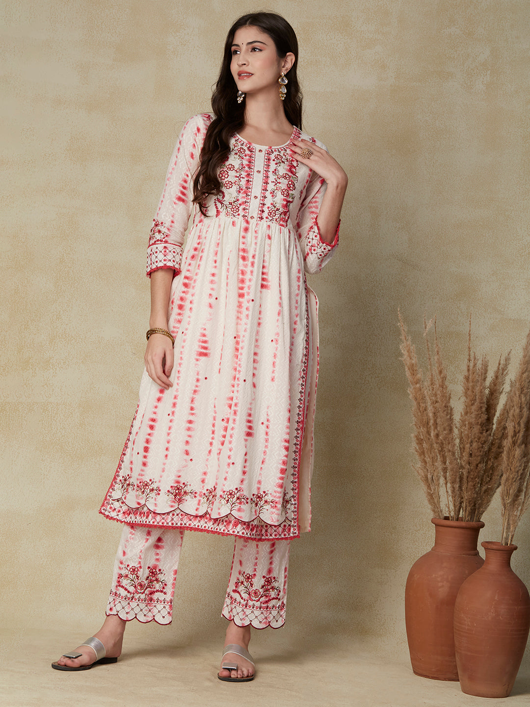 Abstract Printed Resham Embroidered Woven Dobby Design Gathered Kurta