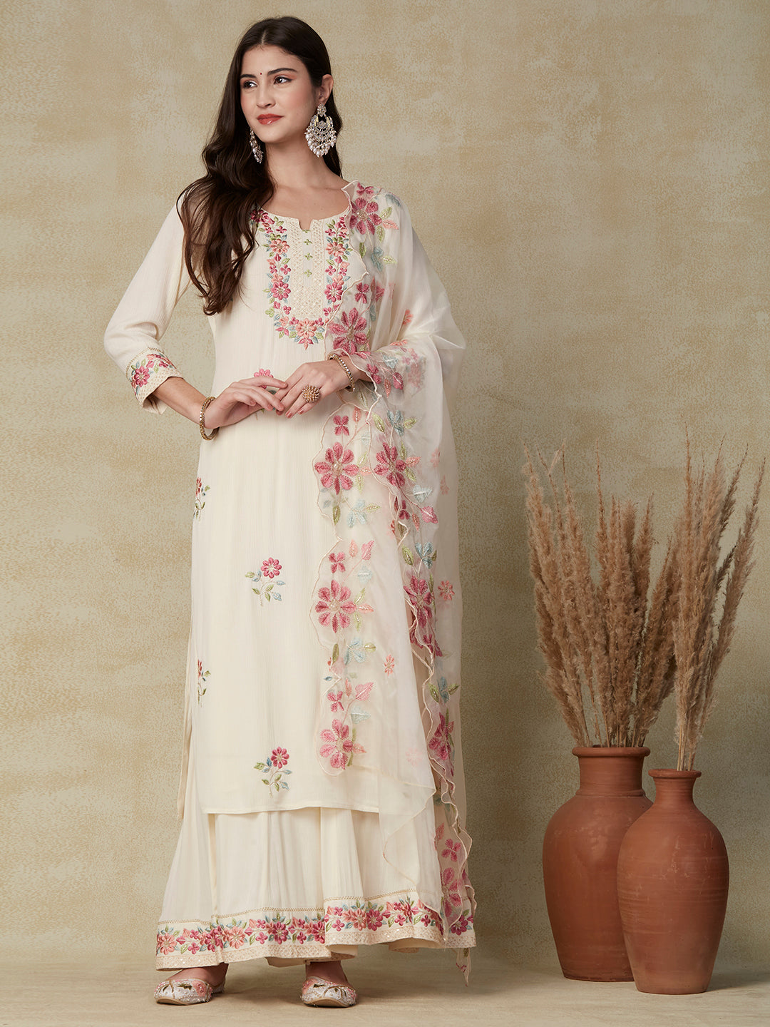 Solid Resham Embroidered Crinkle-Cotton Kurta with Palazzo & Embroidered Dupatta - Off White