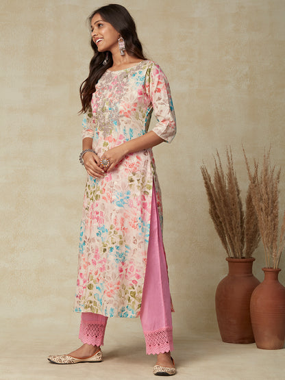 Floral Printed & Embroidered Straight Fit Kurta - Beige