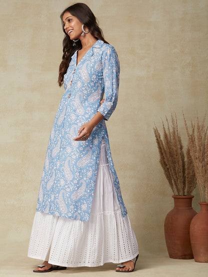 Ethnic Paisley Printed Straight Fit Kurta - Blue