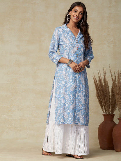 Ethnic Paisley Printed Straight Fit Kurta - Blue