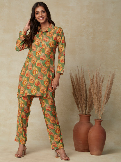 Ethnic Floral Printed Straight Fit Co-ord Set - Green – FASHOR