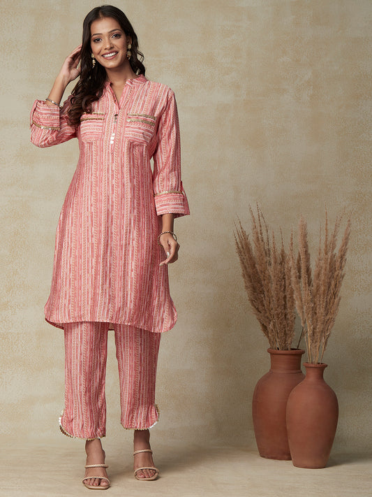 Abstract & Stripes Printed Coin Tikki & Zari Lace Embellished Kurta with Pants Set - Peach