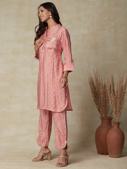Abstract & Stripes Printed Coin Tikki & Zari Lace Embellished Kurta with Pants Set - Peach