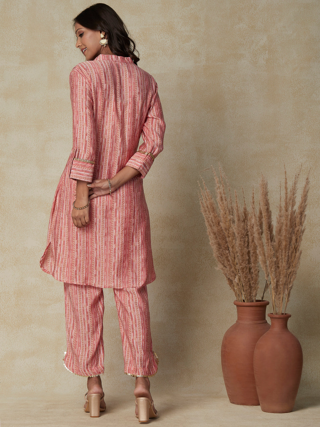 Abstract & Stripes Printed Coin Tikki & Zari Lace Embellished Kurta with Pants Set - Peach