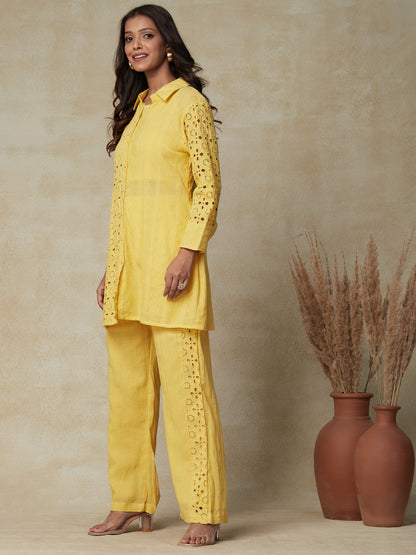 Woven Dobby Striped Schiffili Kurta with Inner & Schiffili Pants - Yellow