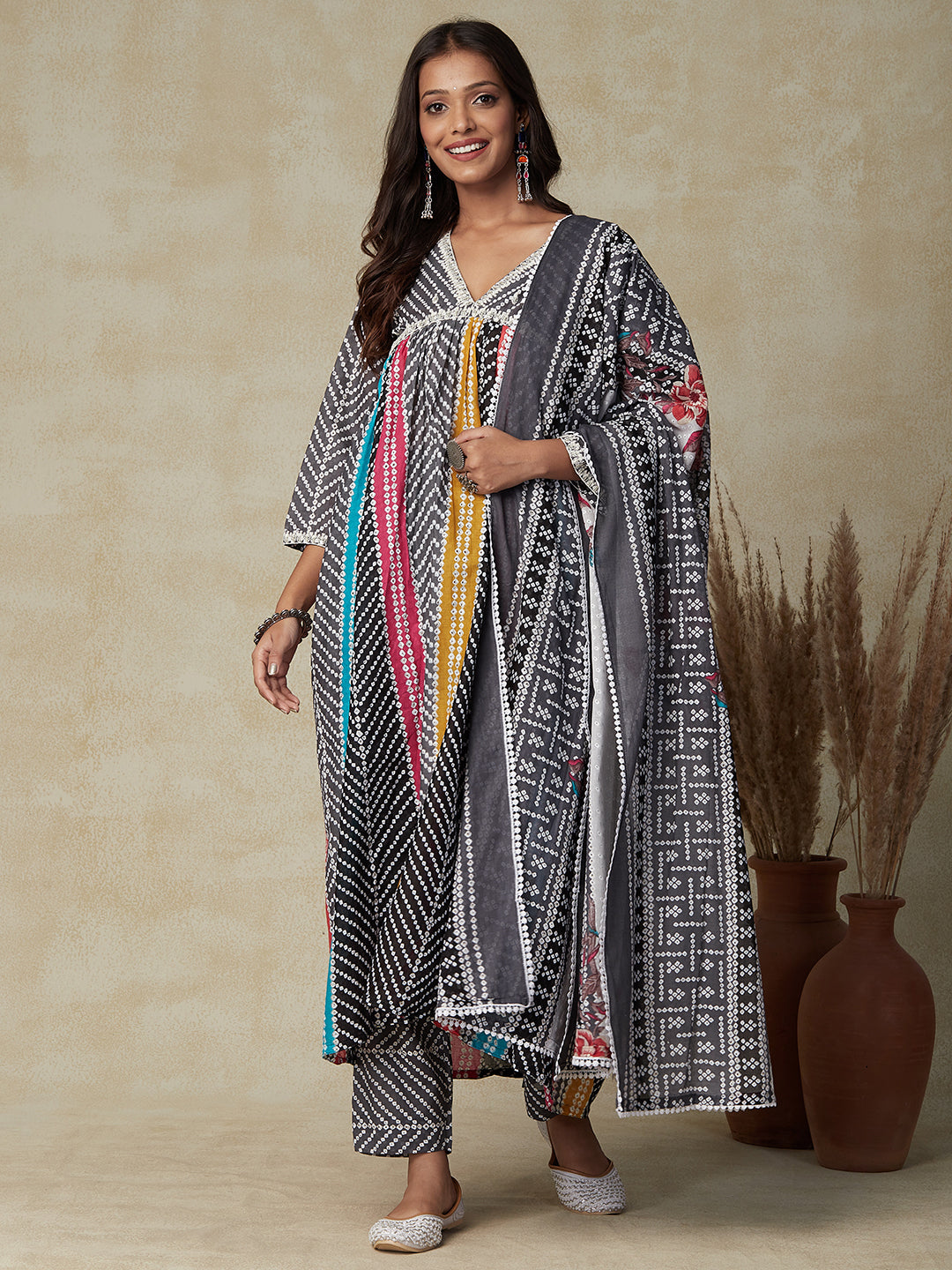 Bandhani Printed Resham & Sequins Embroidered Kurta with Pants & Dupatta - Grey & Multi