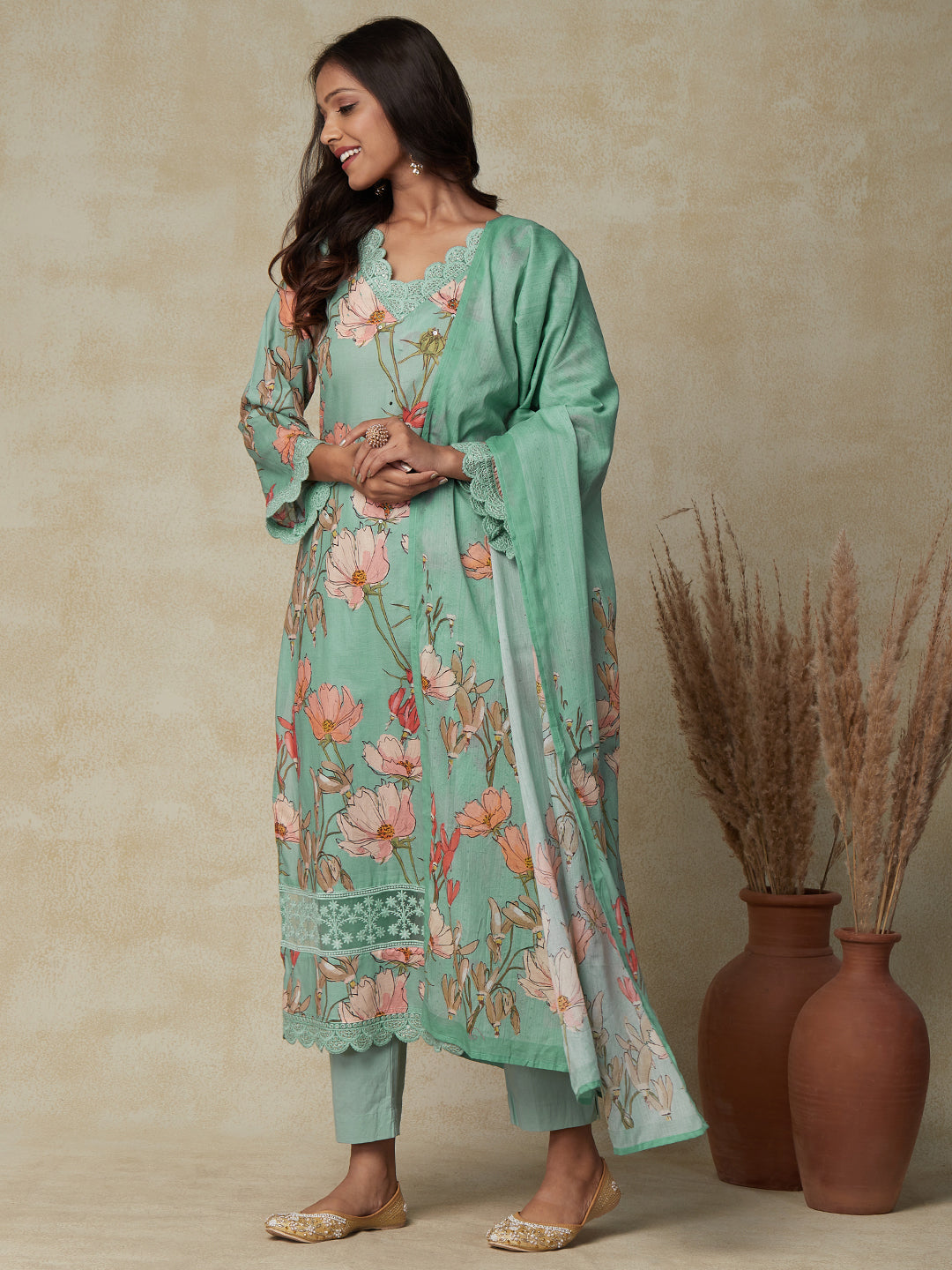 Floral Printed Sequins, Beads & Resham Embroidered Kurta with Pants & Dupatta - Pastel Green