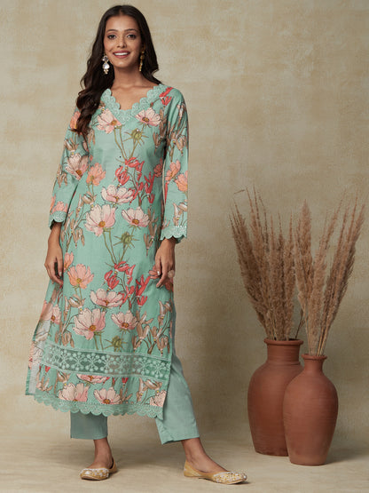 Floral Printed Sequins, Beads & Resham Embroidered Kurta with Pants & Dupatta - Pastel Green