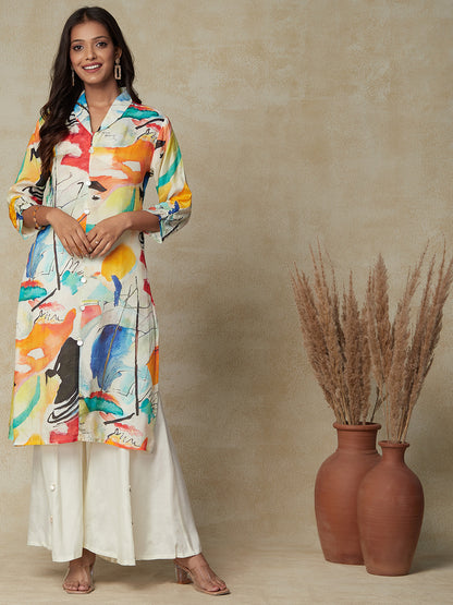 Abstract Printed Straight Fit Kurta with Flared Palazzo - Multi