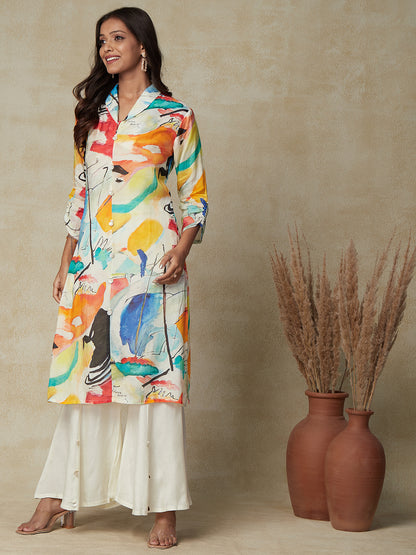 Abstract Printed Straight Fit Kurta with Flared Palazzo - Multi