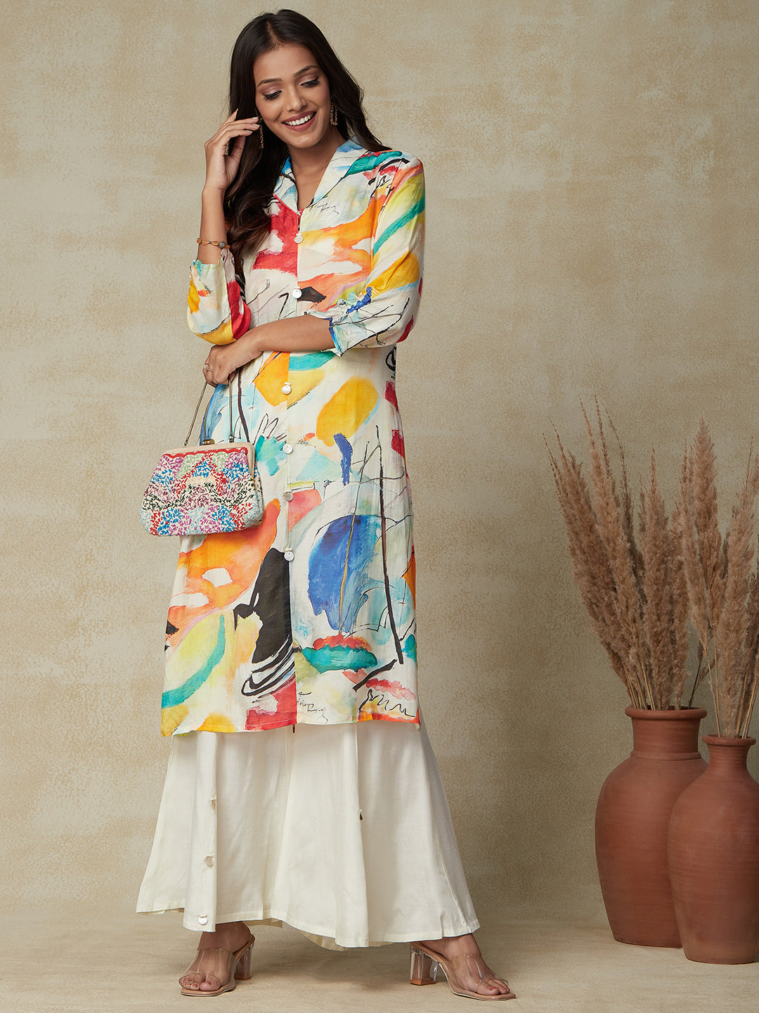 Abstract Printed Straight Fit Kurta with Flared Palazzo - Multi