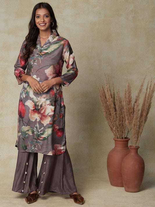 Abstract Floral Printed Straight Fit Kurta with Flared Palazzo - Grey