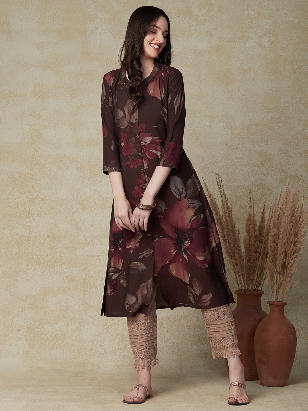 Floral Printed Wooden Buttoned Front Slit Kurta - Brown
