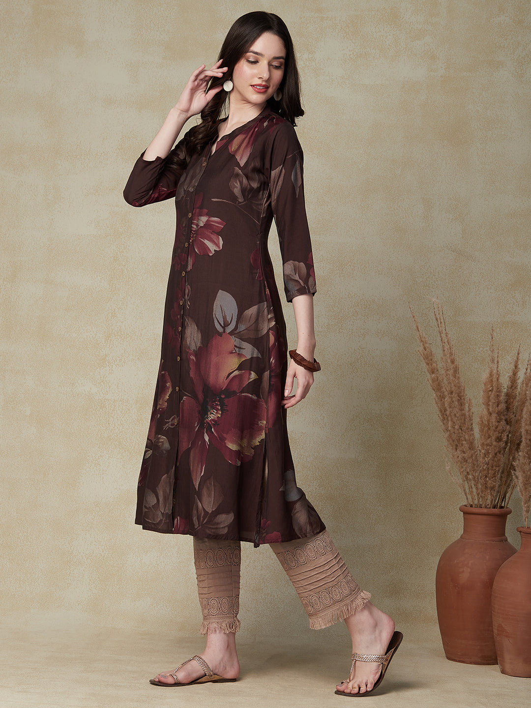 Floral Printed Wooden Buttoned Front Slit Kurta - Brown