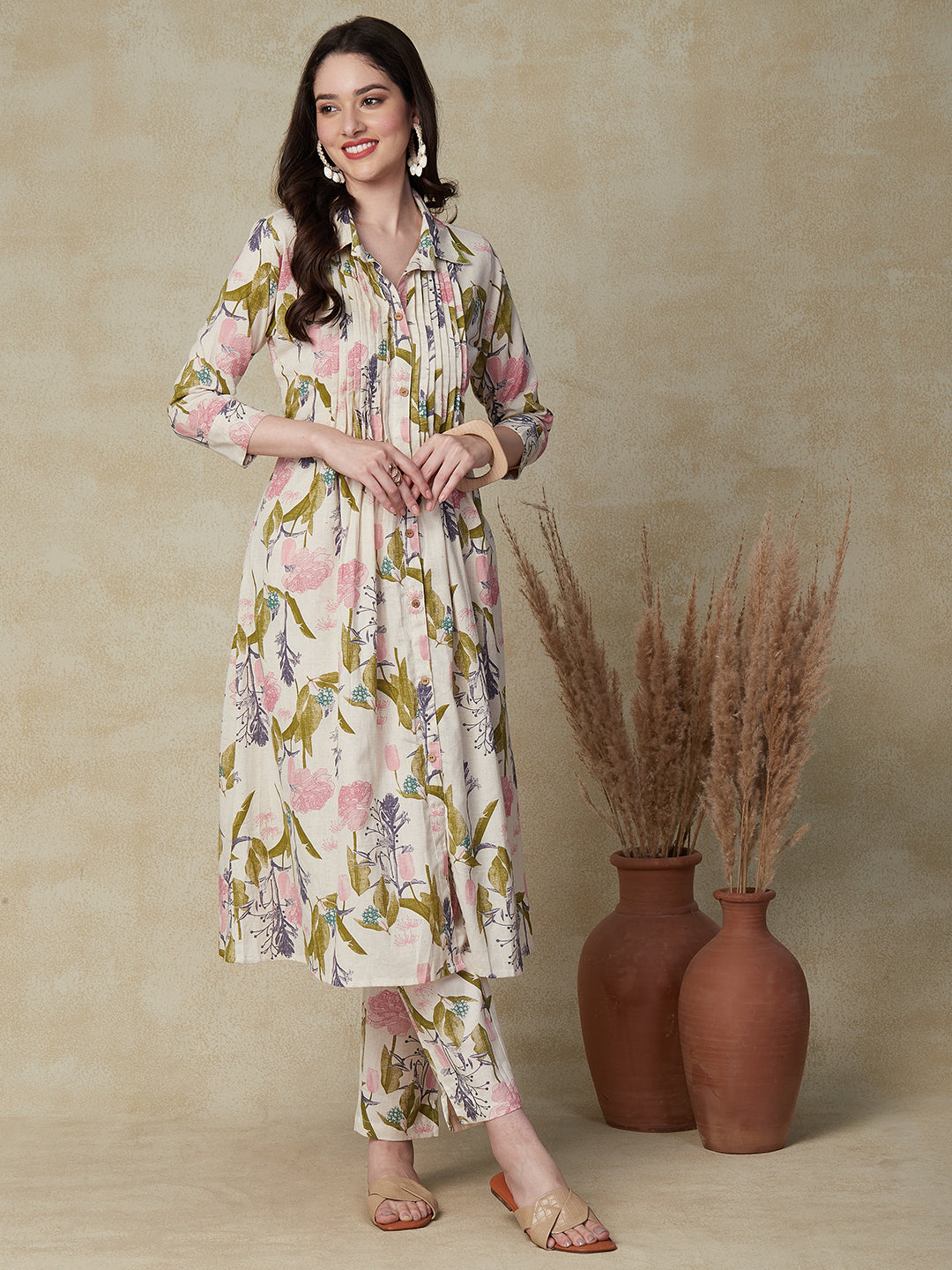 Floral Printed Wooden Buttoned Pin-Tucks Kurta with Pants - Off White & Pink