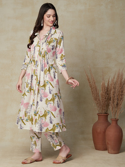 Floral Printed Wooden Buttoned Pin-Tucks Kurta with Pants - Off White & Pink