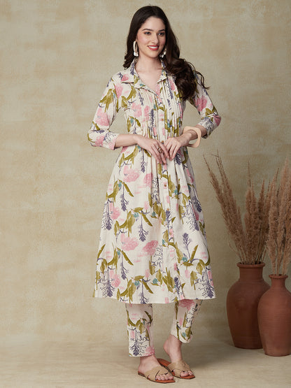 Floral Printed Wooden Buttoned Pin-Tucks Kurta with Pants - Off White & Pink