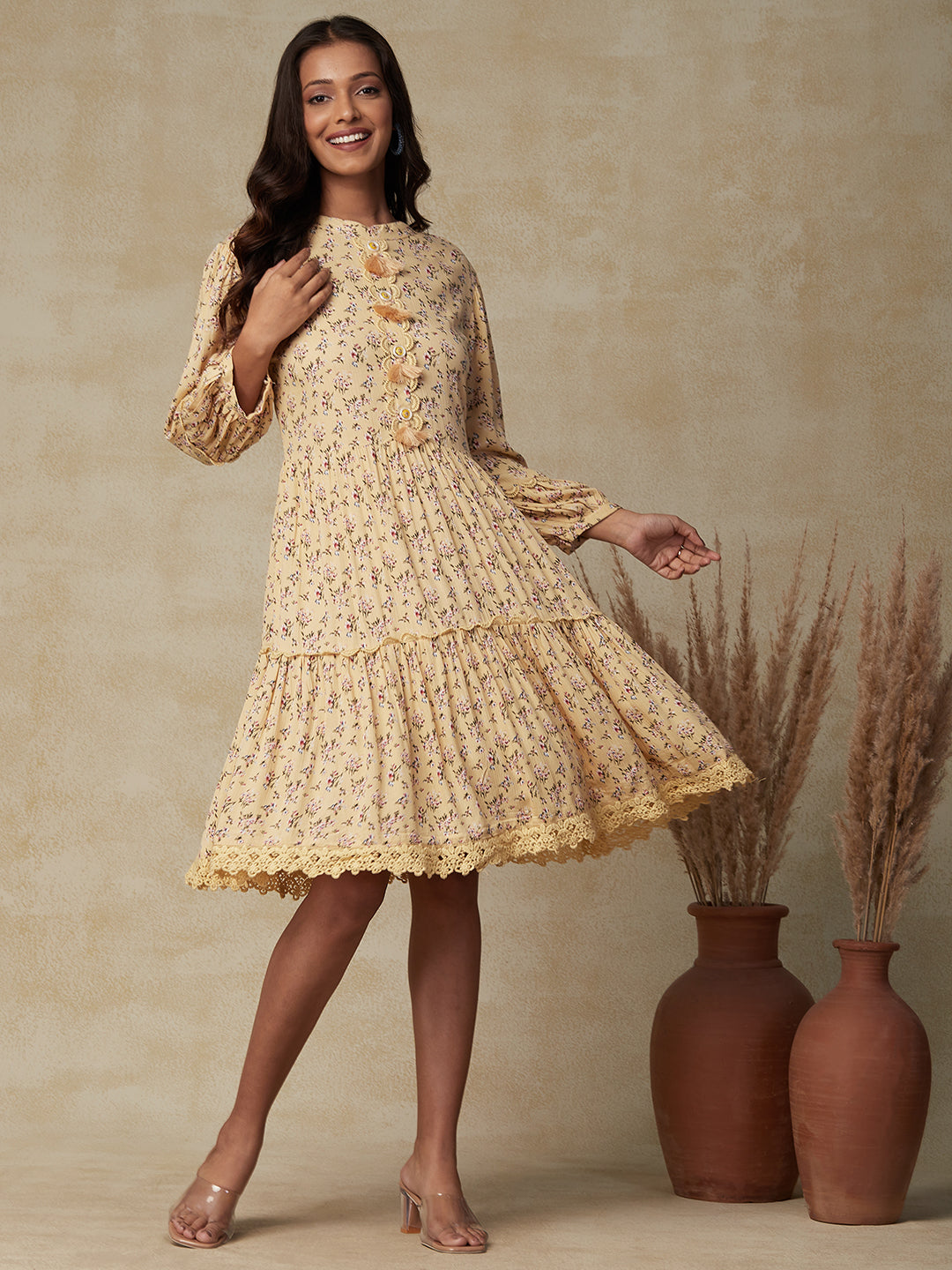 Floral Printed Crochet Lace Embellished Tiered Dress - Yellow